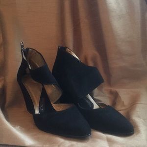 Black suede formal wedge heels